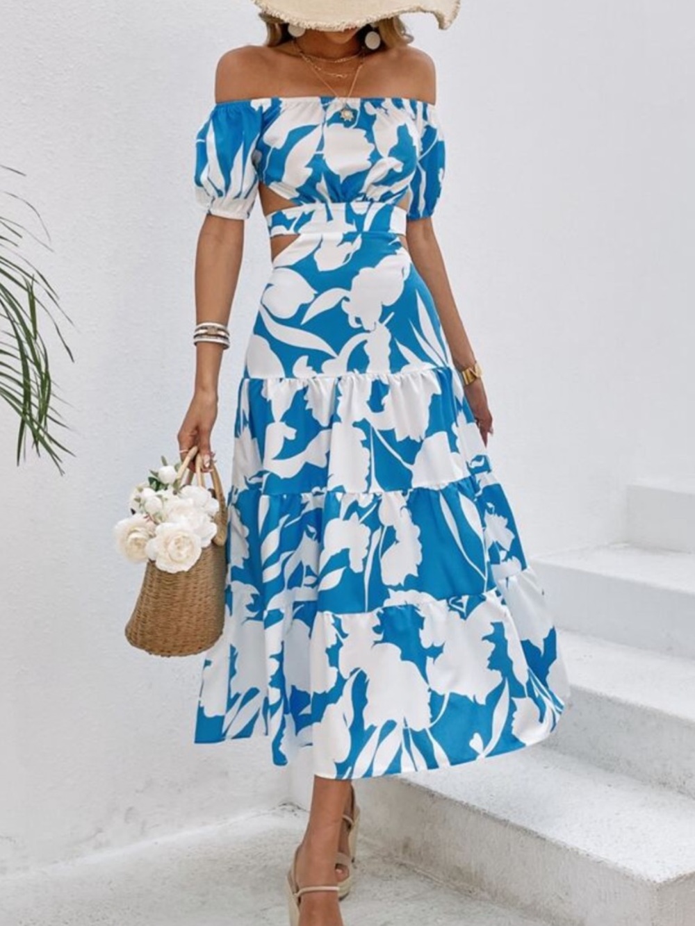 Off-Shoulder Blue & White Floral Maxi Dress